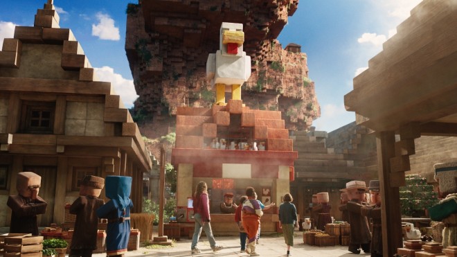 Scene still from Minecraft: The Movie (currently showing), featuring the film’s signature all-cubic visual world designed in homage to the game. A family-friendly box office phenomenon now reigning as Japan’s No.1 foreign film of 2025.
